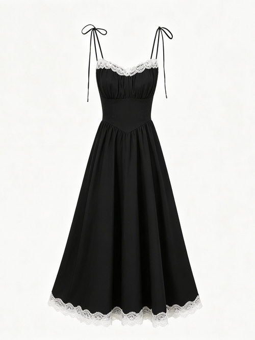 Black White Lace Trim Cami Midi Dress