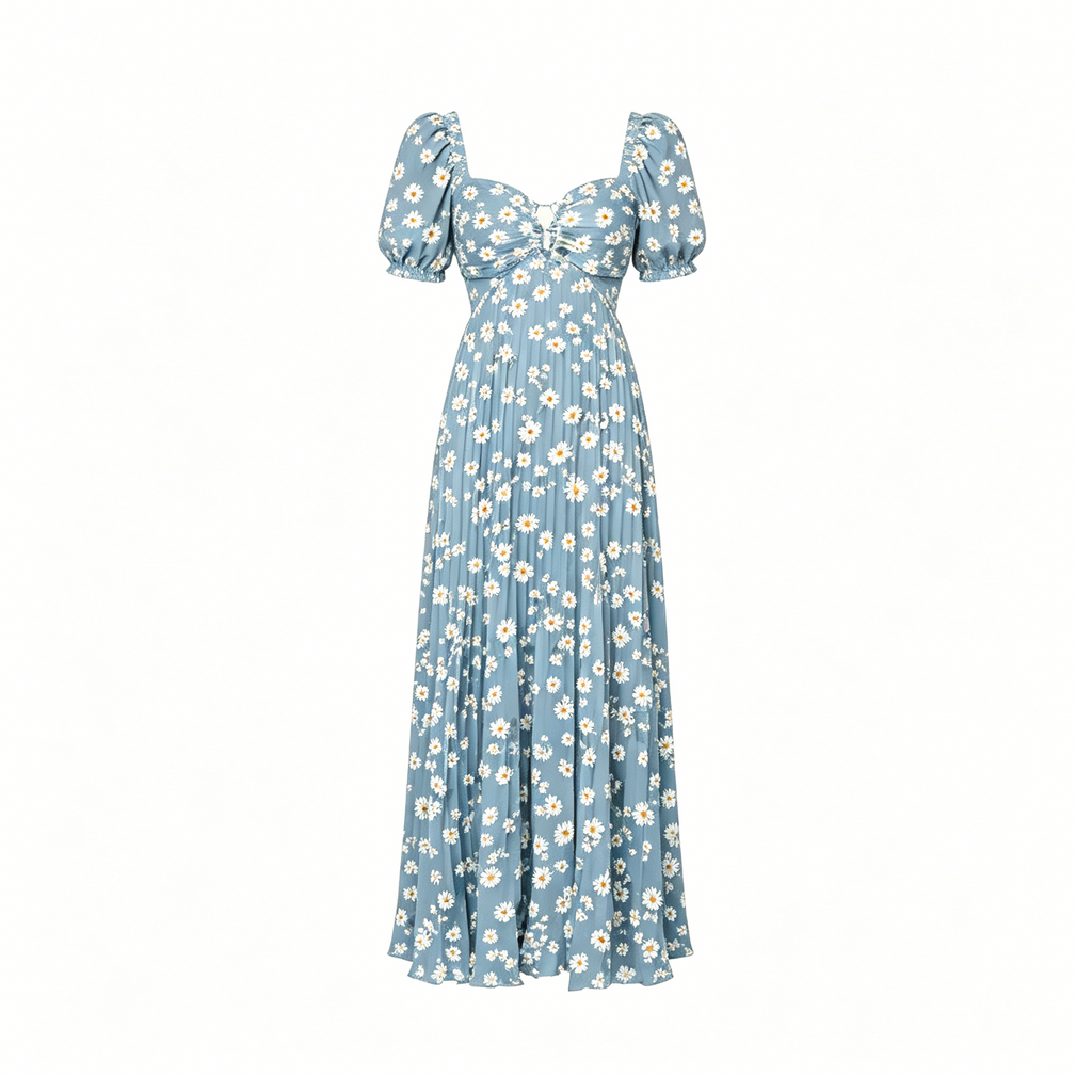 Dusty Blue Daisy Print Square Neck Dress