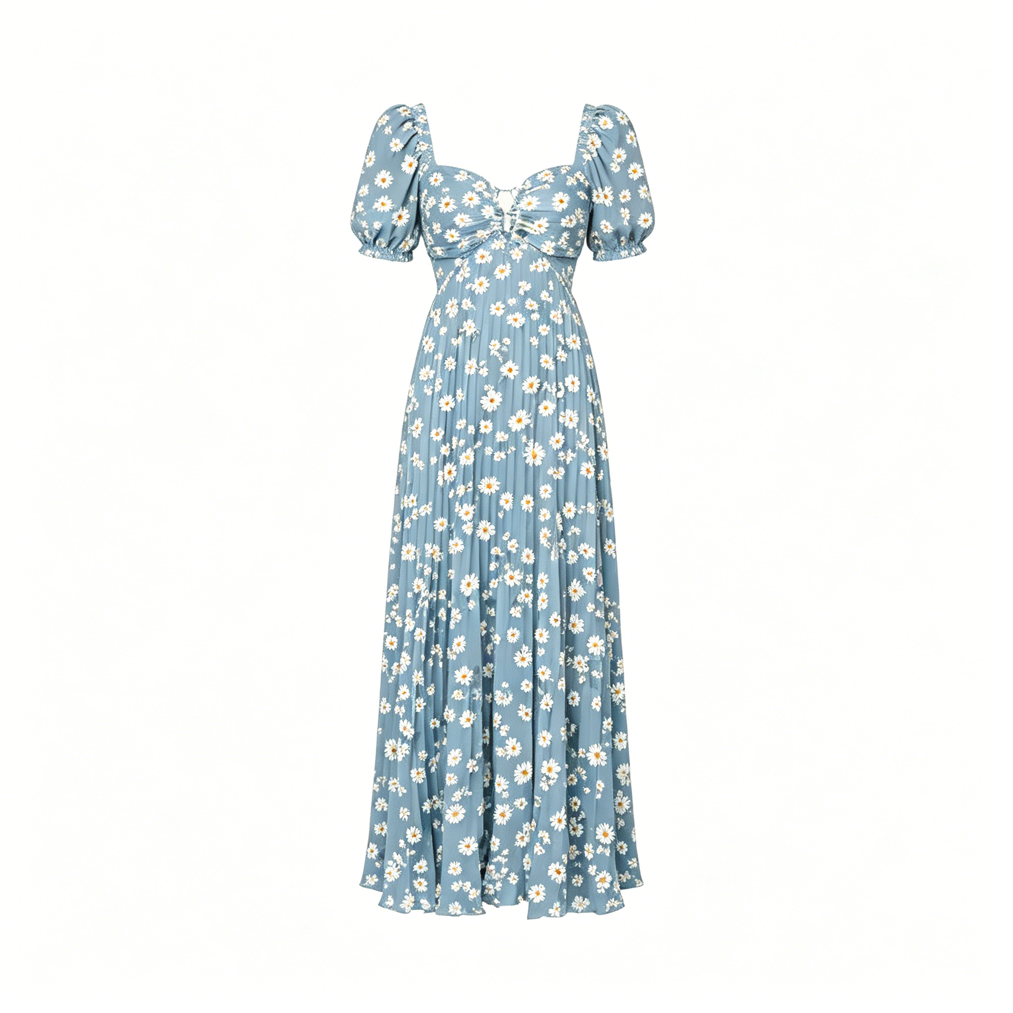 Dusty Blue Daisy Print Square Neck Dress
