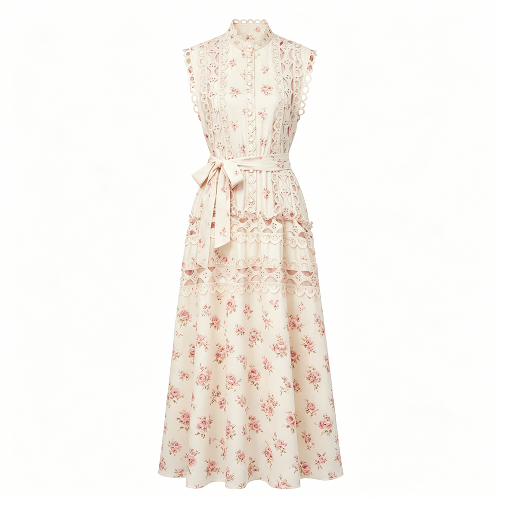 Cream Rose Print Tiered Lace Dress