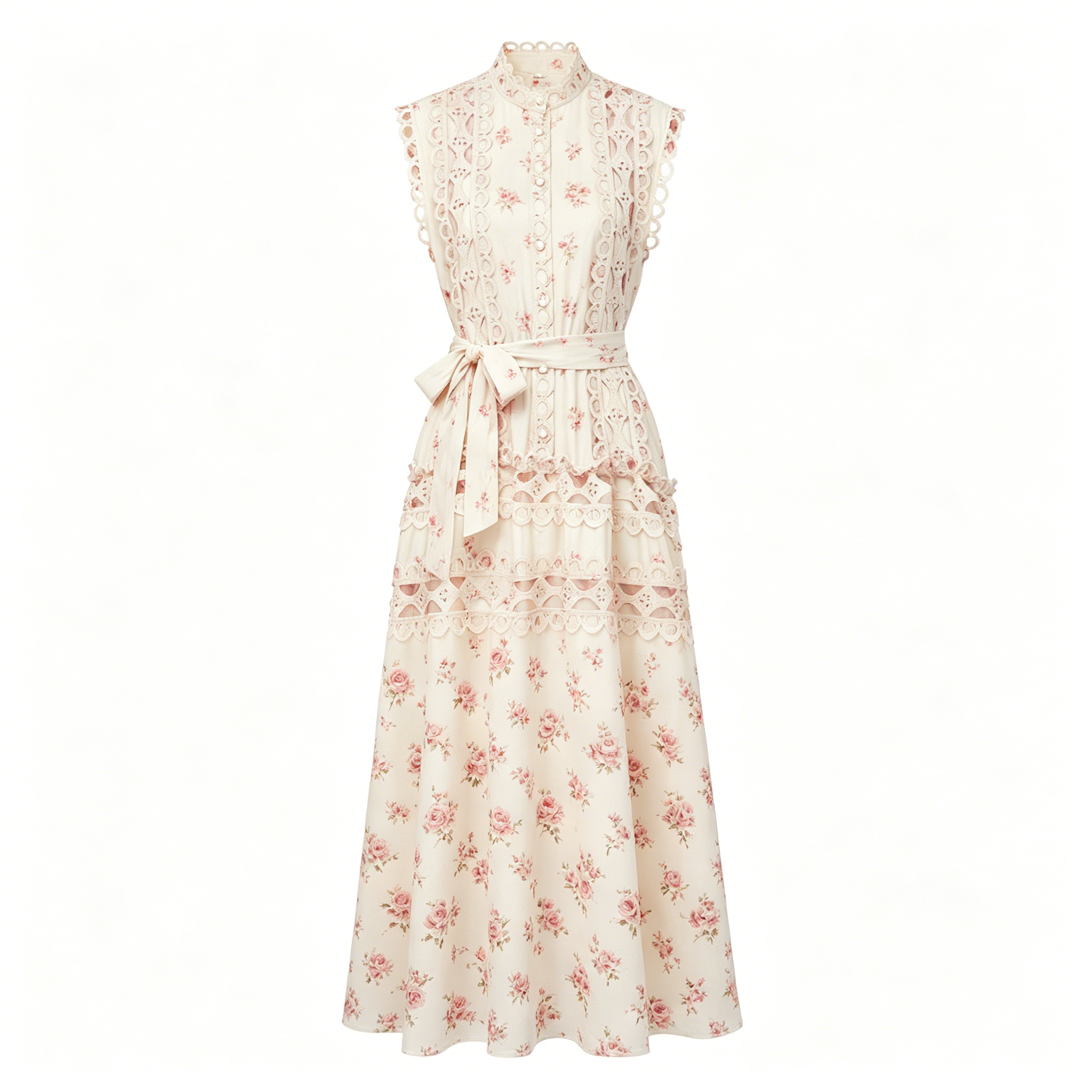 Cream Rose Print Tiered Lace Dress