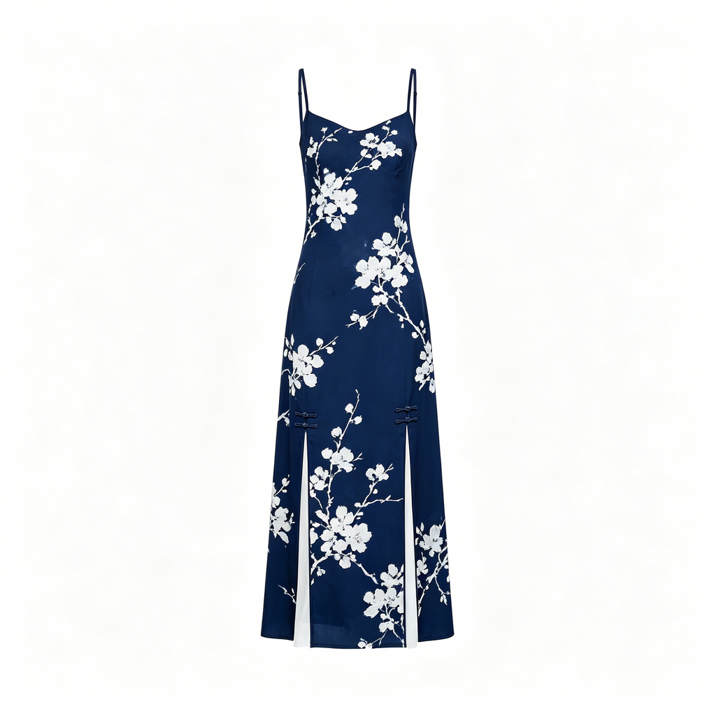 Navy Blossom Printed Satin Midi Dress