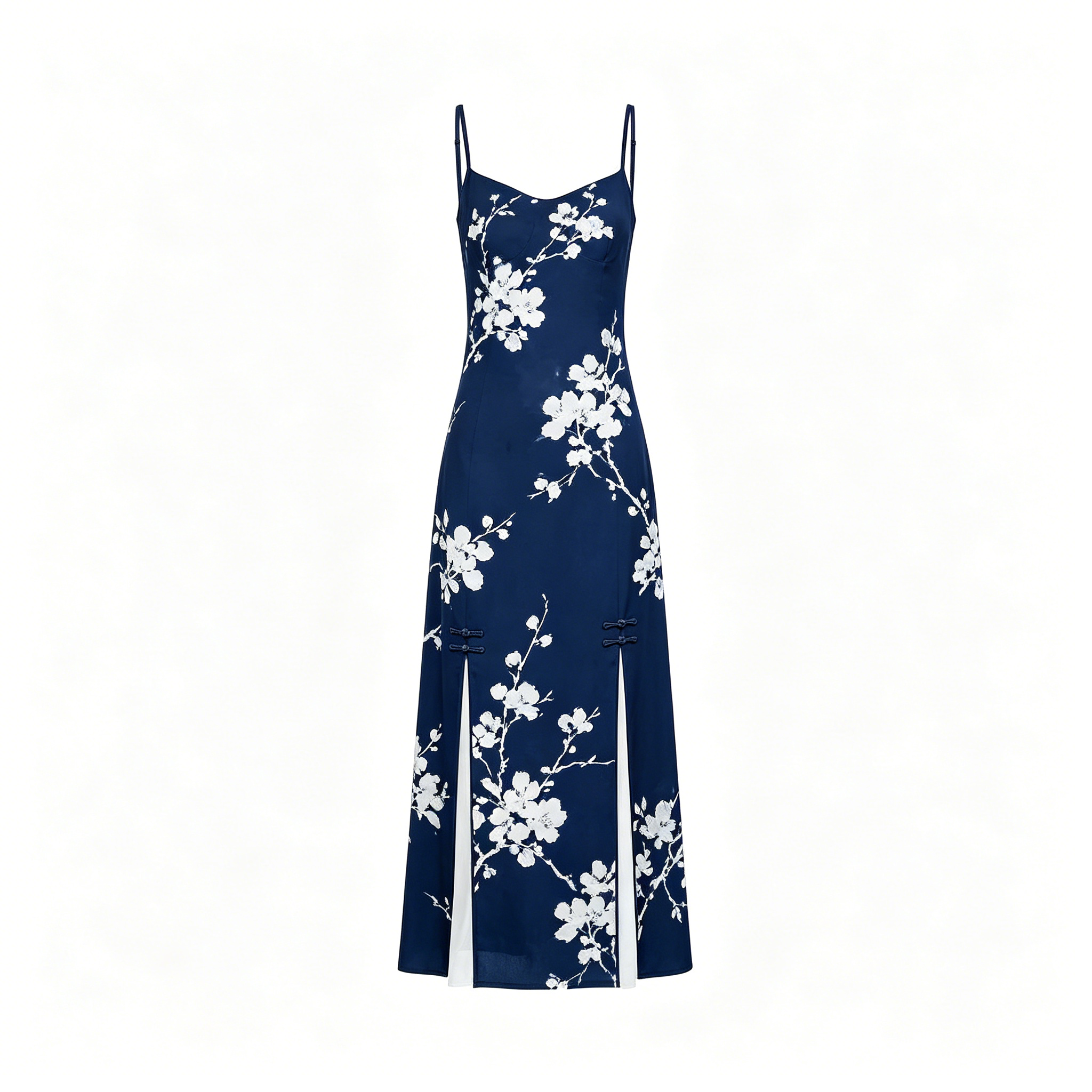 Navy Blossom Printed Satin Midi Dress