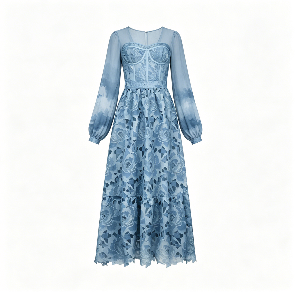 Sky Blue Rose Lace Long Sleeve Dress