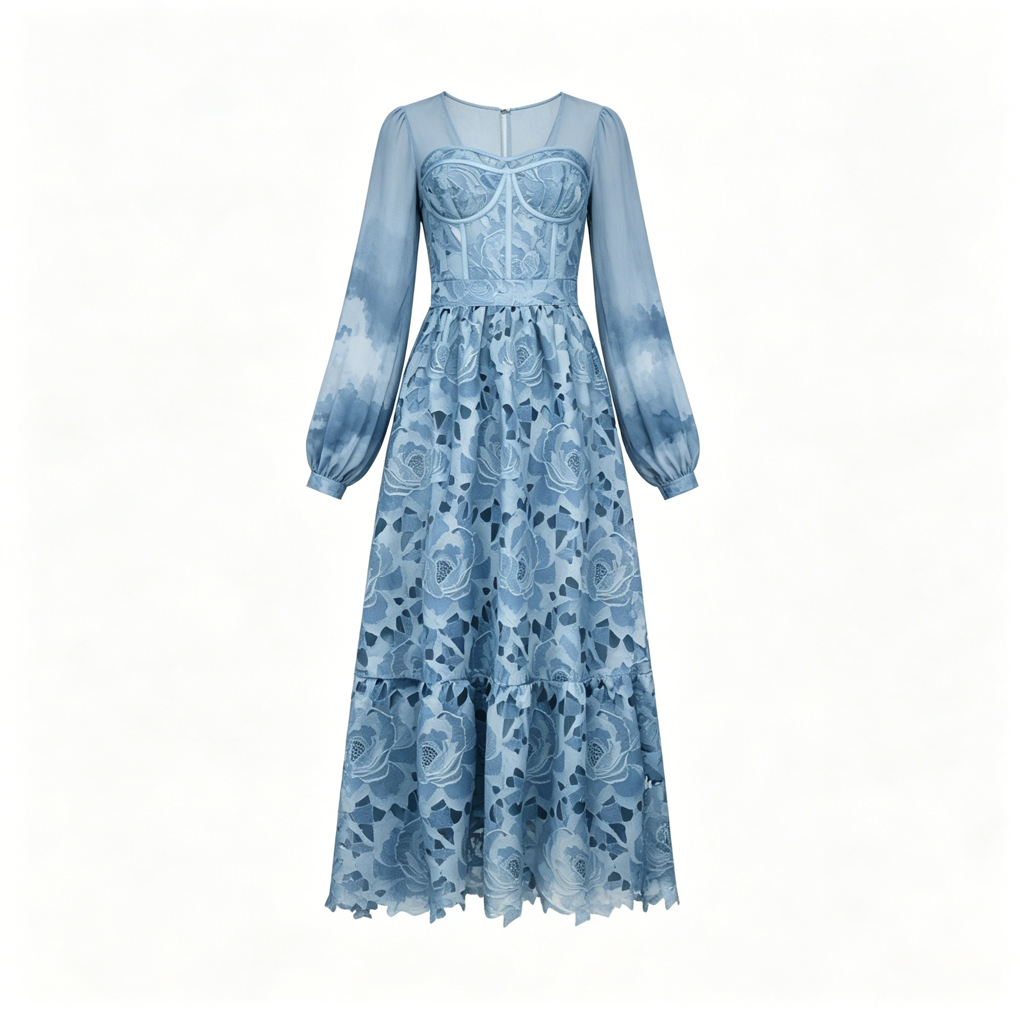 Sky Blue Rose Lace Long Sleeve Dress