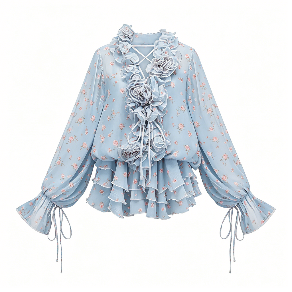 Light Blue Floral Ruffle Chiffon Dress