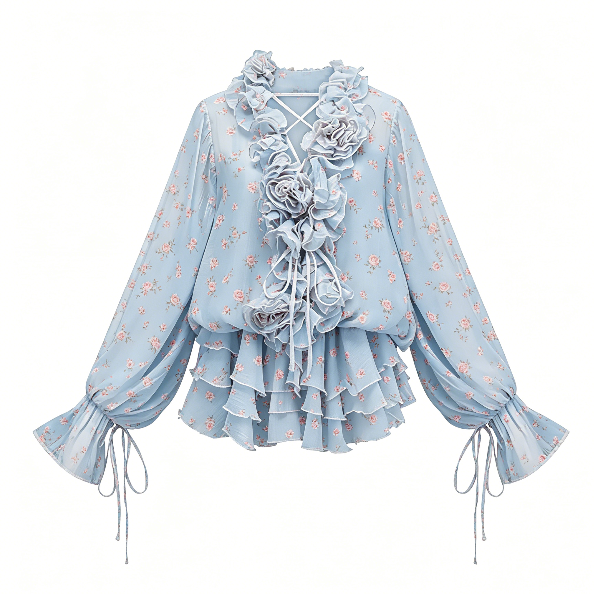 Light Blue Floral Ruffle Chiffon Dress
