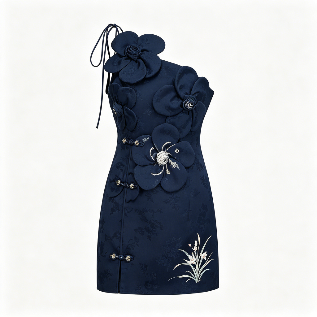 Navy Textured Floral Mini Dress