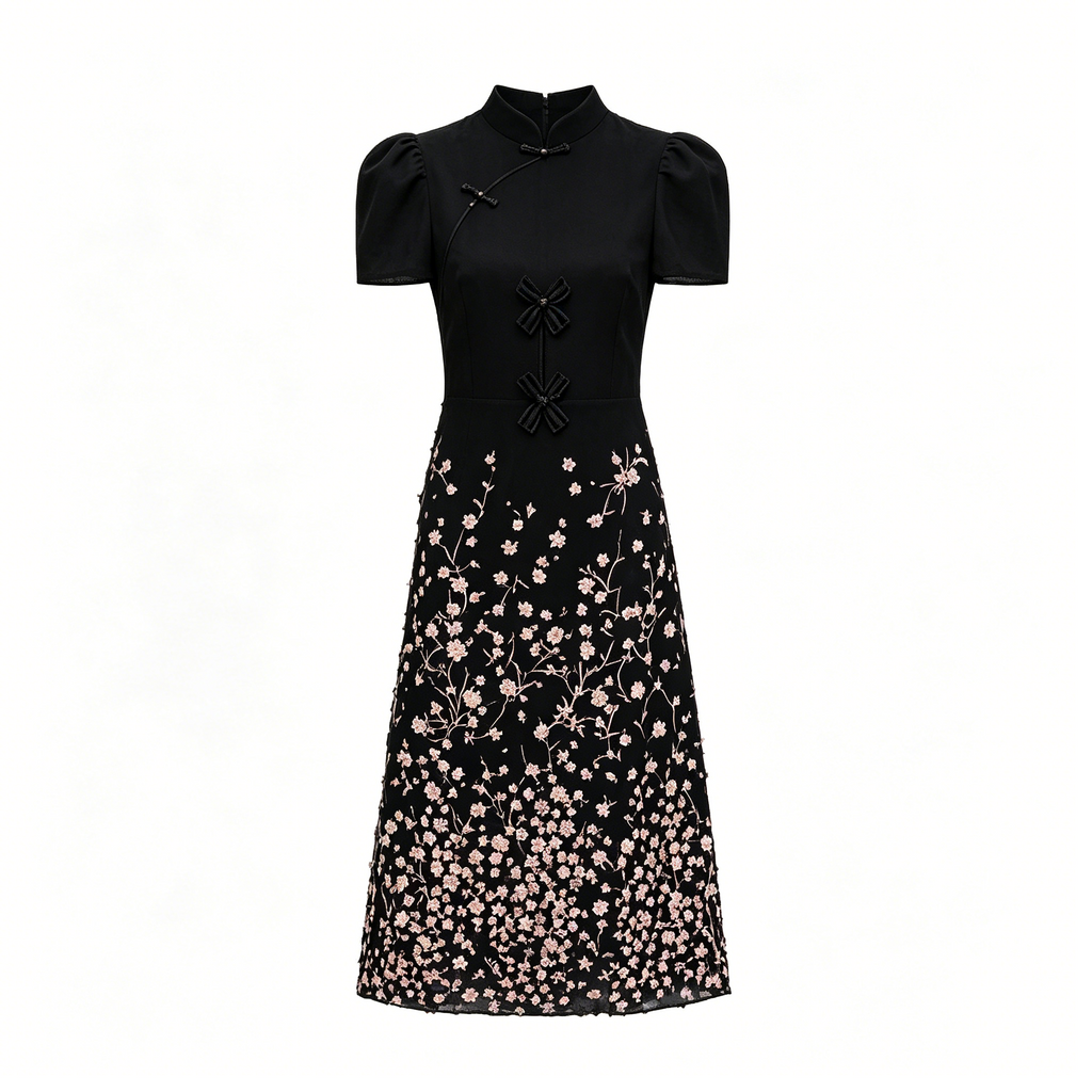 Black Simple Embroidery Slim Midi Dress