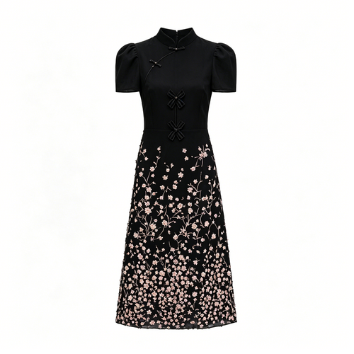Black Simple Embroidery Slim Midi Dress