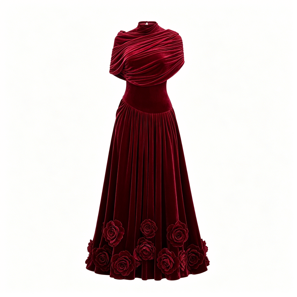 Burgundy Velvet Rose Floor Length Gown