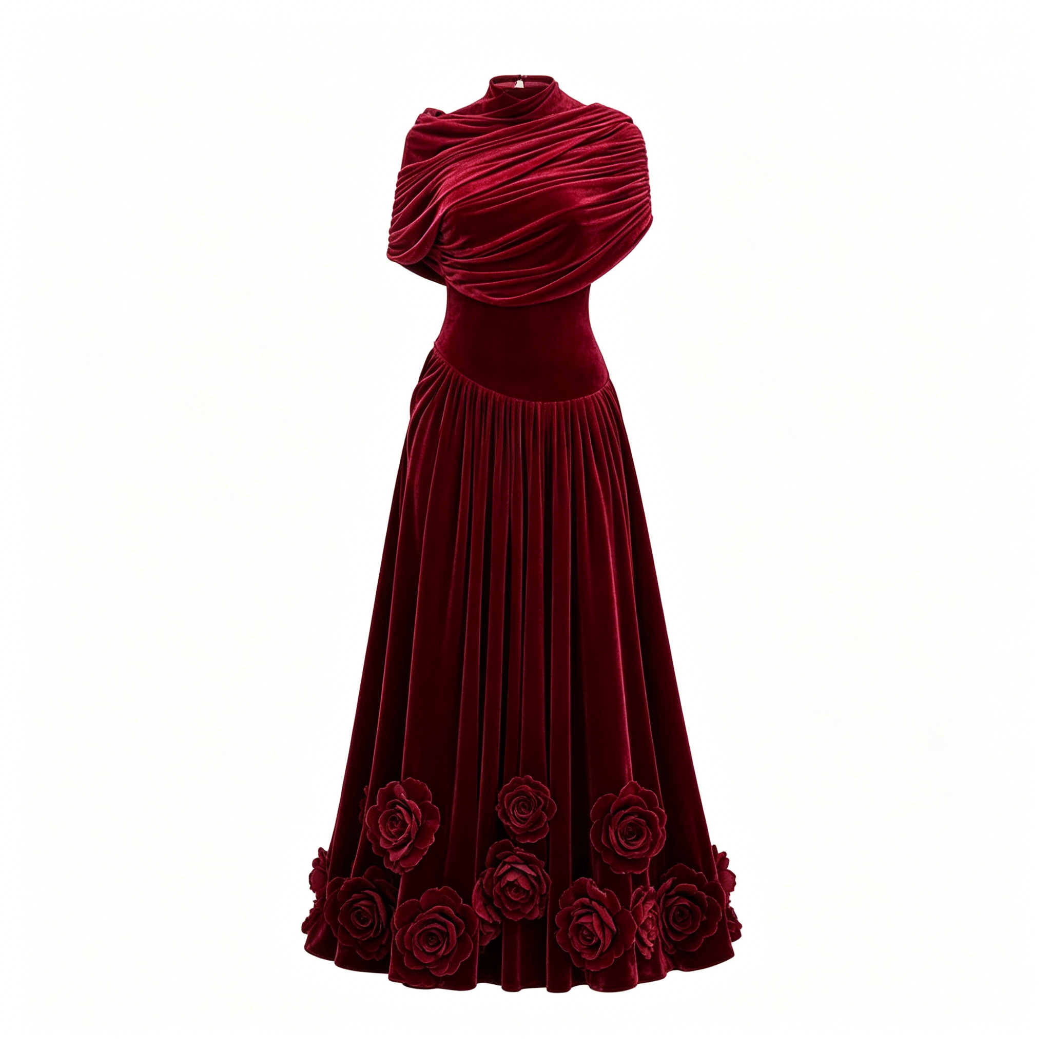 Burgundy Velvet Rose Floor Length Gown