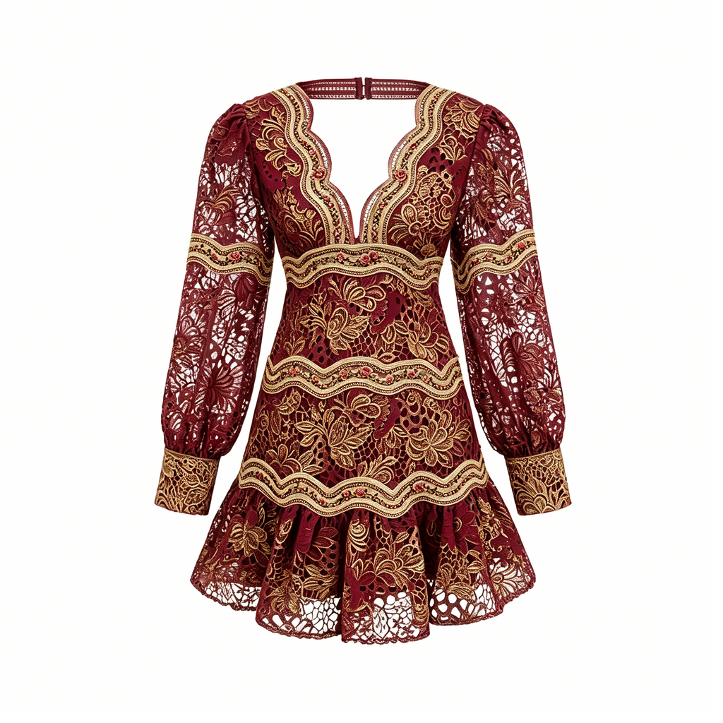 Burgundy Gold Embroidered Lace Mini Dress