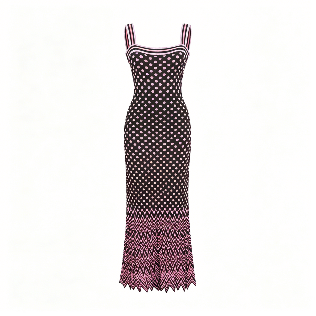 Black Pink Polka Dot Knit Midi Dress