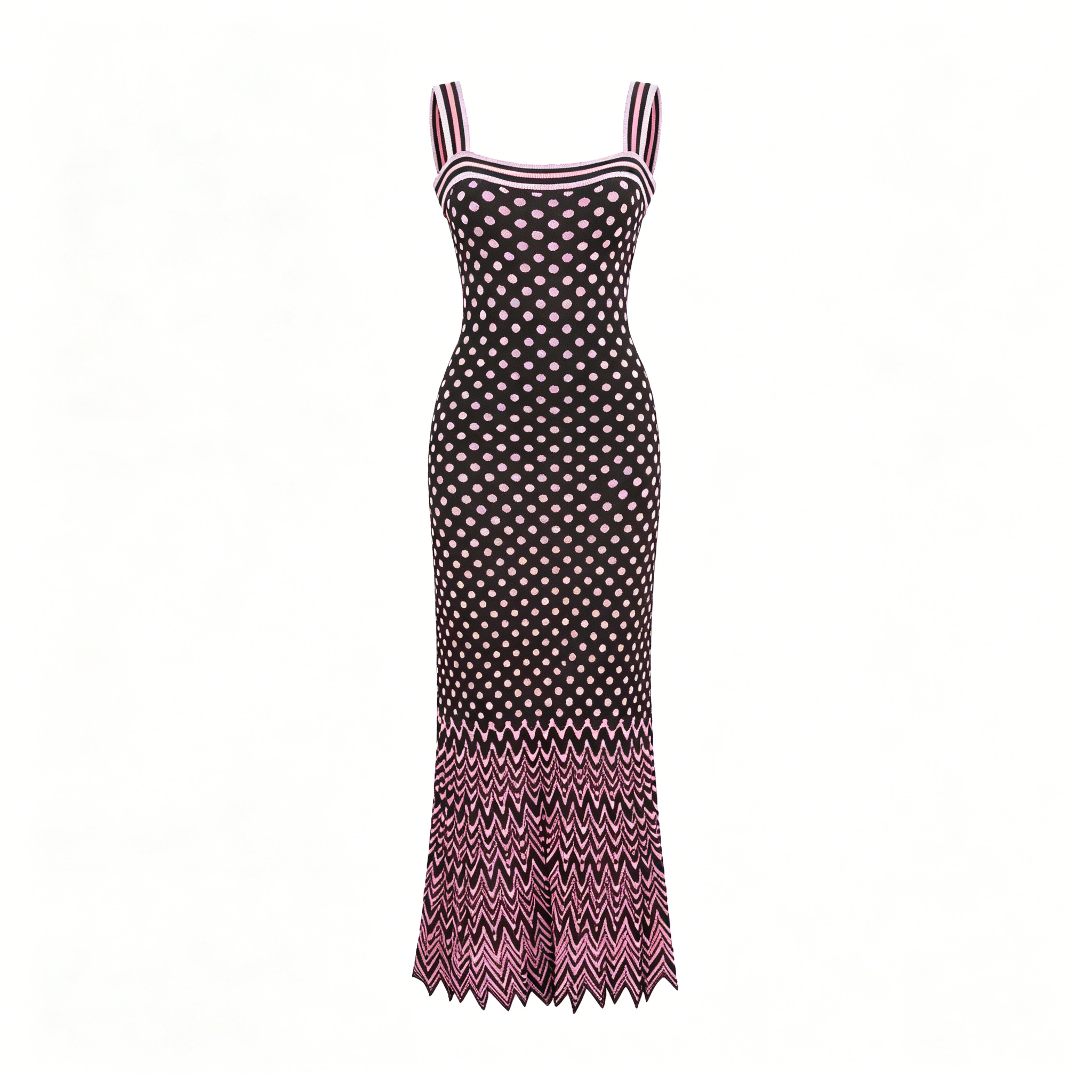 Black Pink Polka Dot Knit Midi Dress