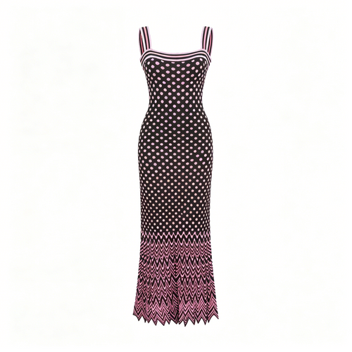 Black Pink Polka Dot Knit Midi Dress