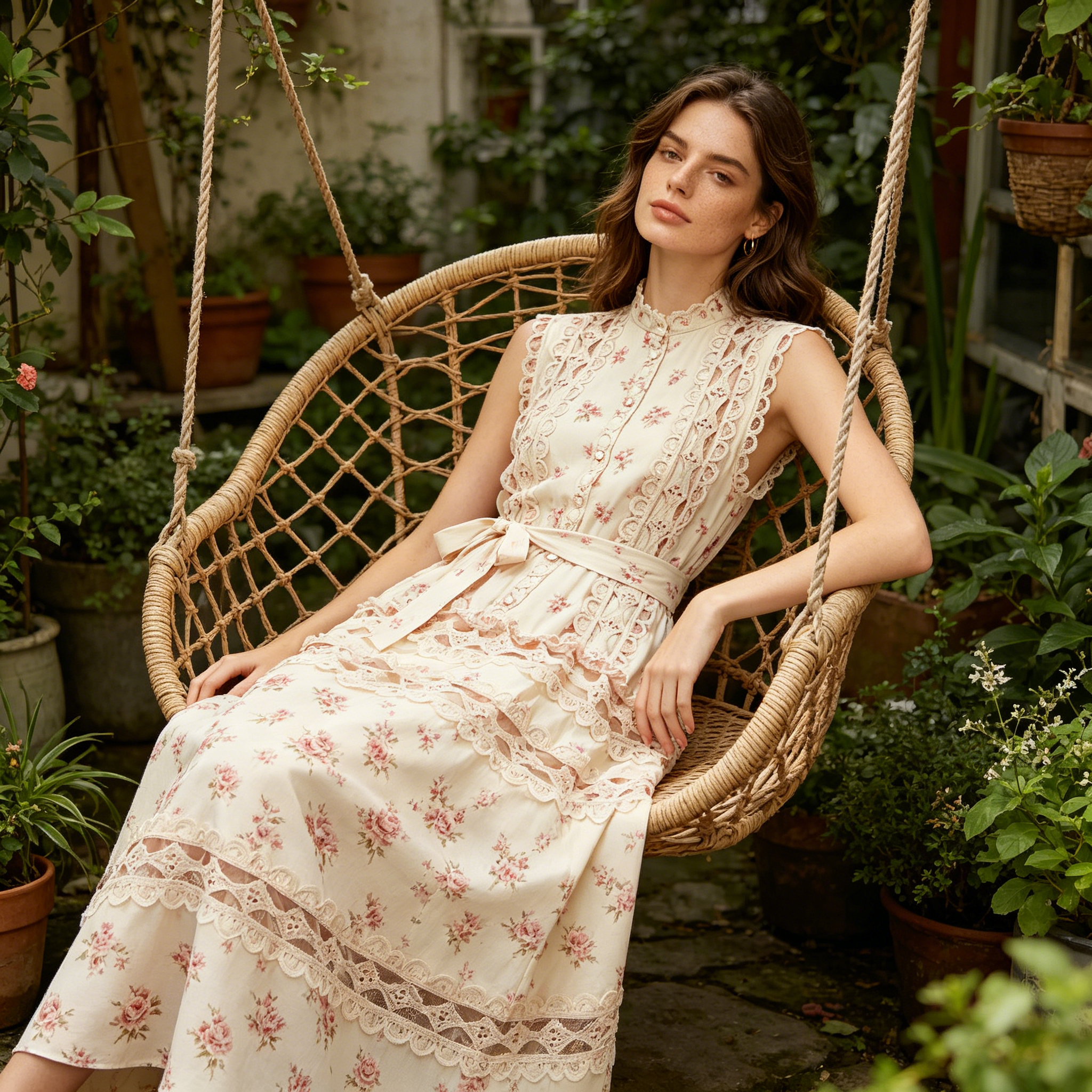 Cream Rose Print Tiered Lace Dress
