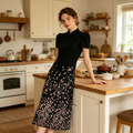 Black Simple Embroidery Slim Midi Dress