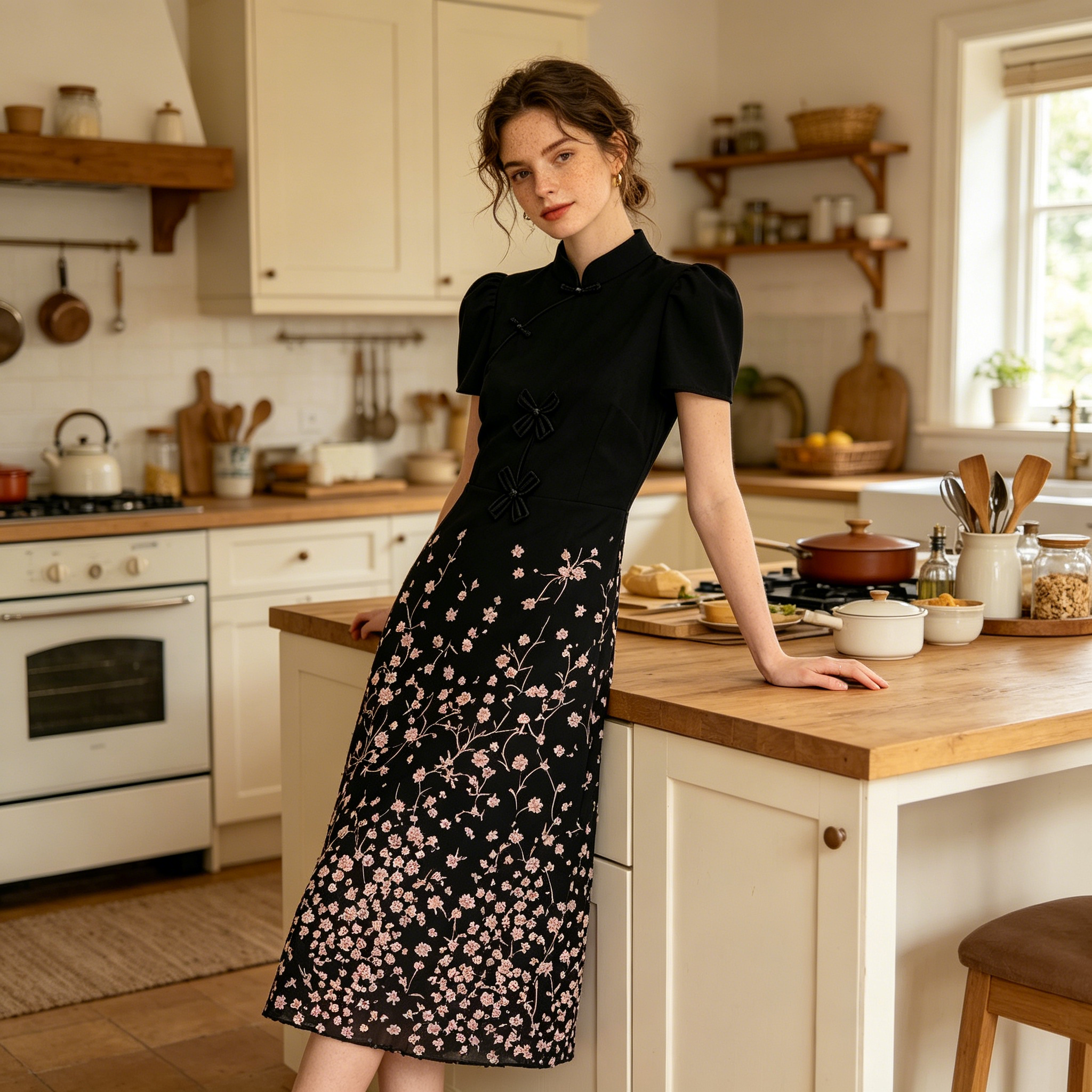 Black Simple Embroidery Slim Midi Dress