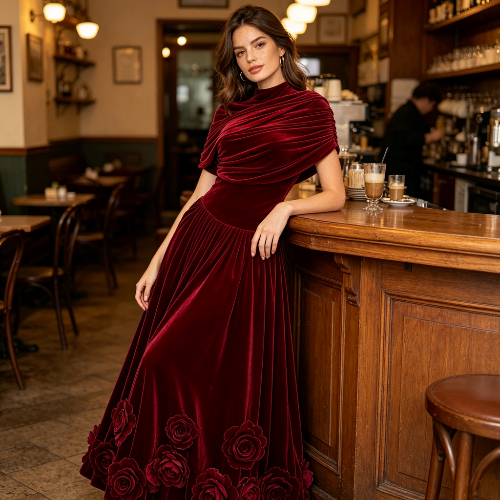 Burgundy Velvet Rose Floor Length Gown