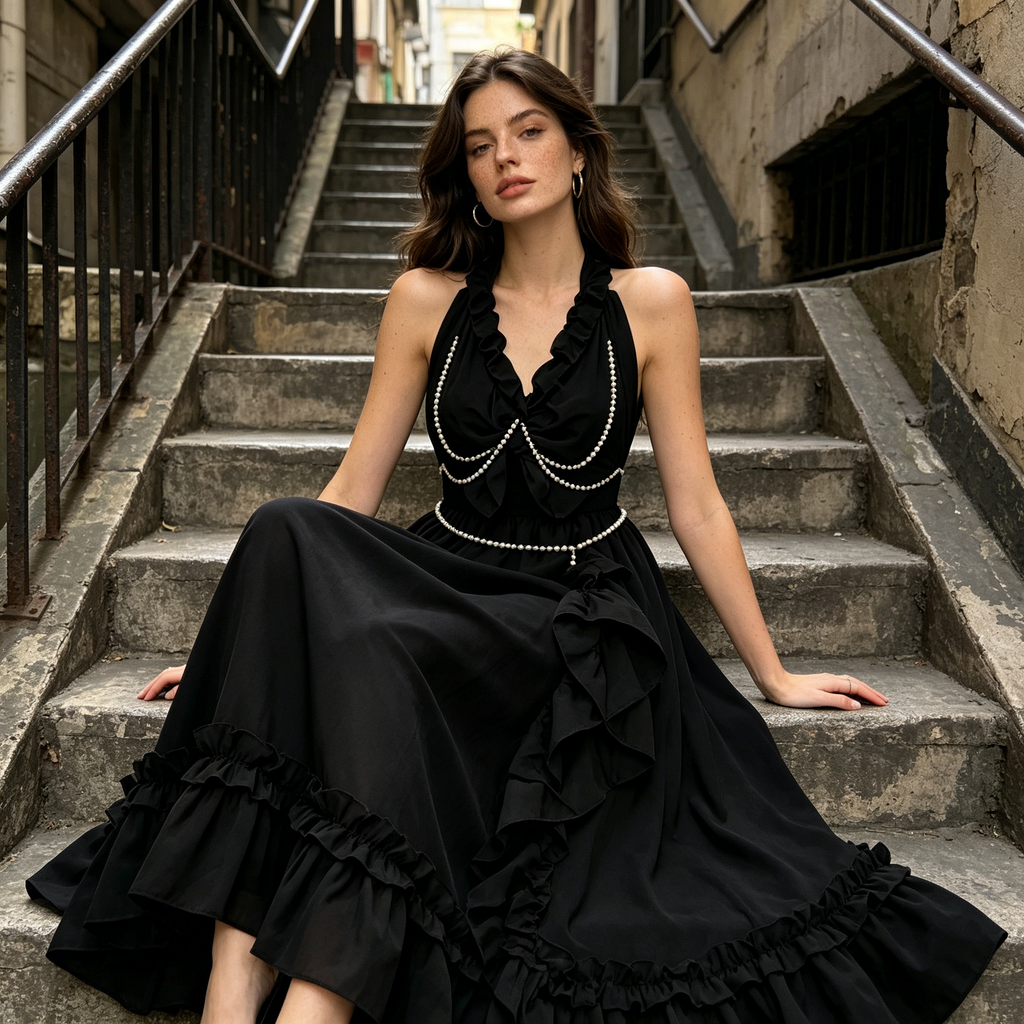 Black Pearl Halter Ruffle Ball Gown