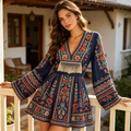 Blue Floral Embroidered Fringe Mini Dress