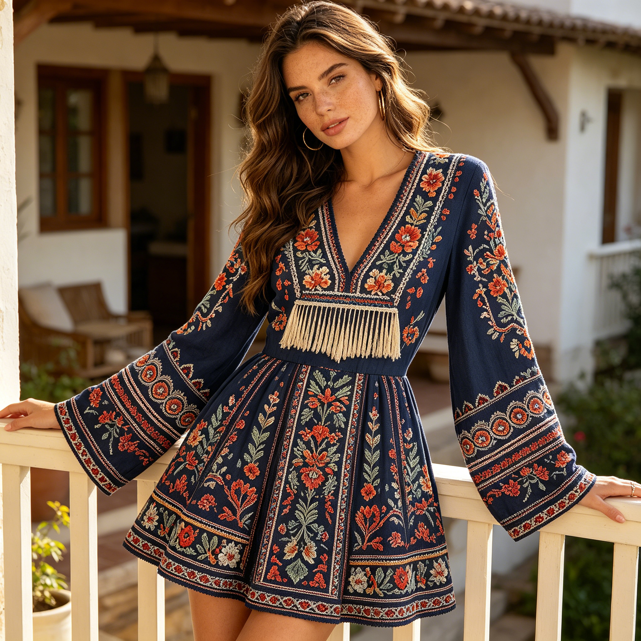 Blue Floral Embroidered Fringe Mini Dress