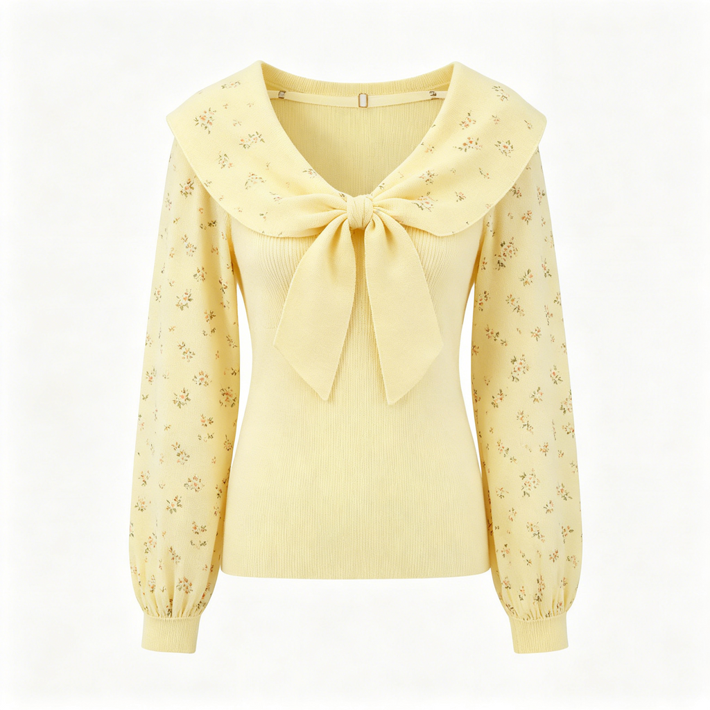 Yellow Floral Print Bow Knit Sweater