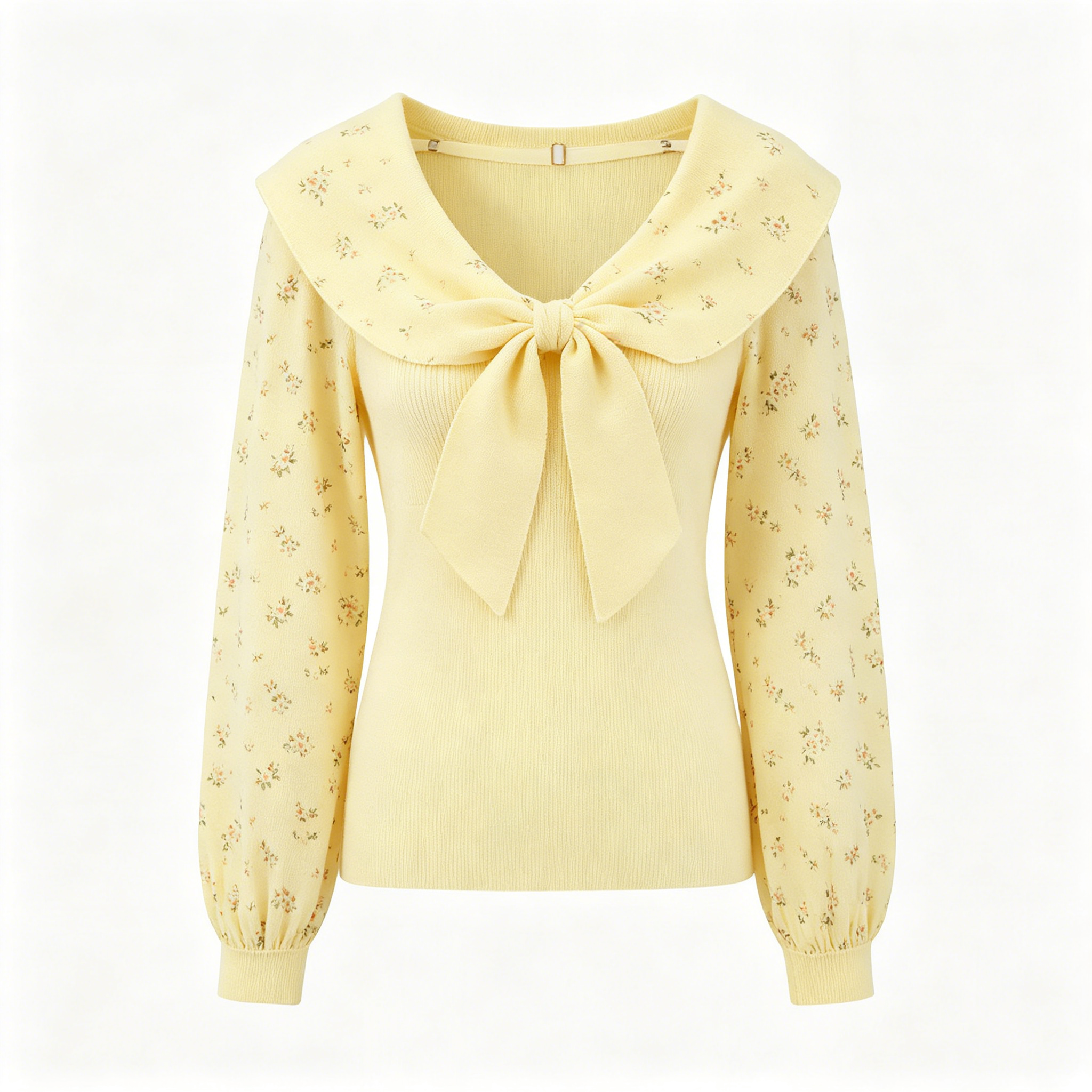 Yellow Floral Print Bow Knit Sweater
