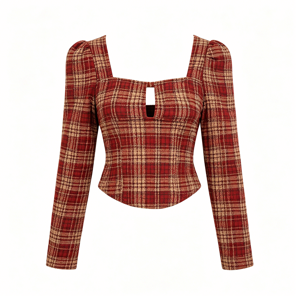 Red Plaid Square Neck Puff Sleeve Top