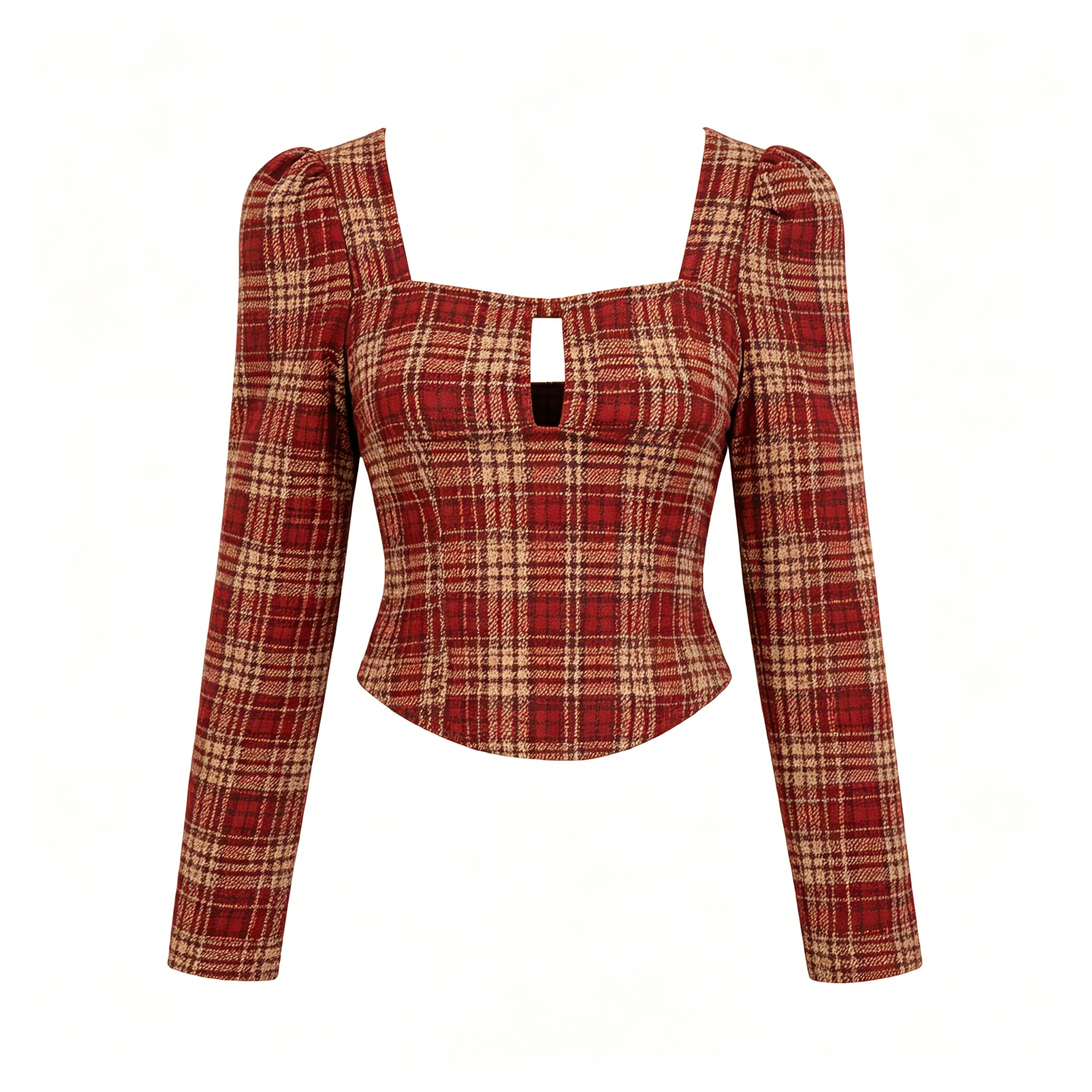 Red Plaid Square Neck Puff Sleeve Top