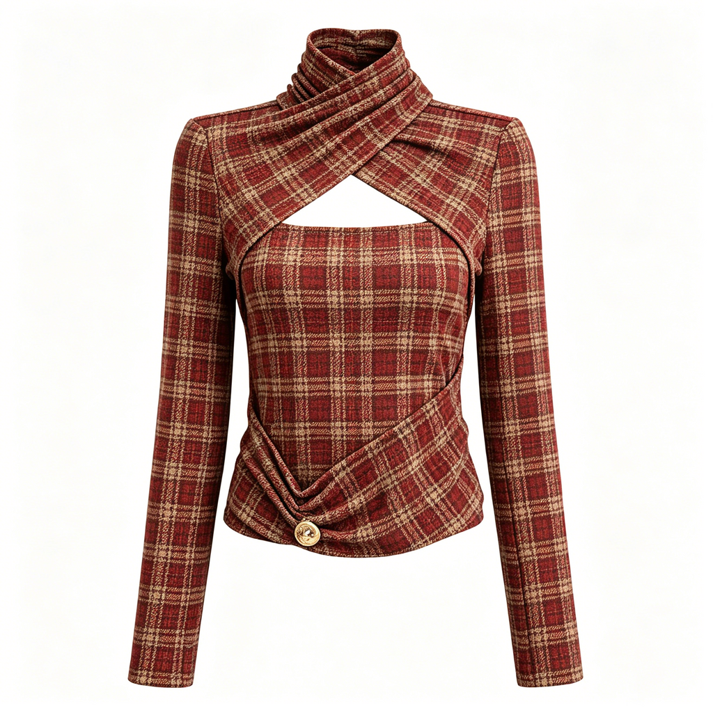 Red Plaid Wrap Cutout Turtleneck Top