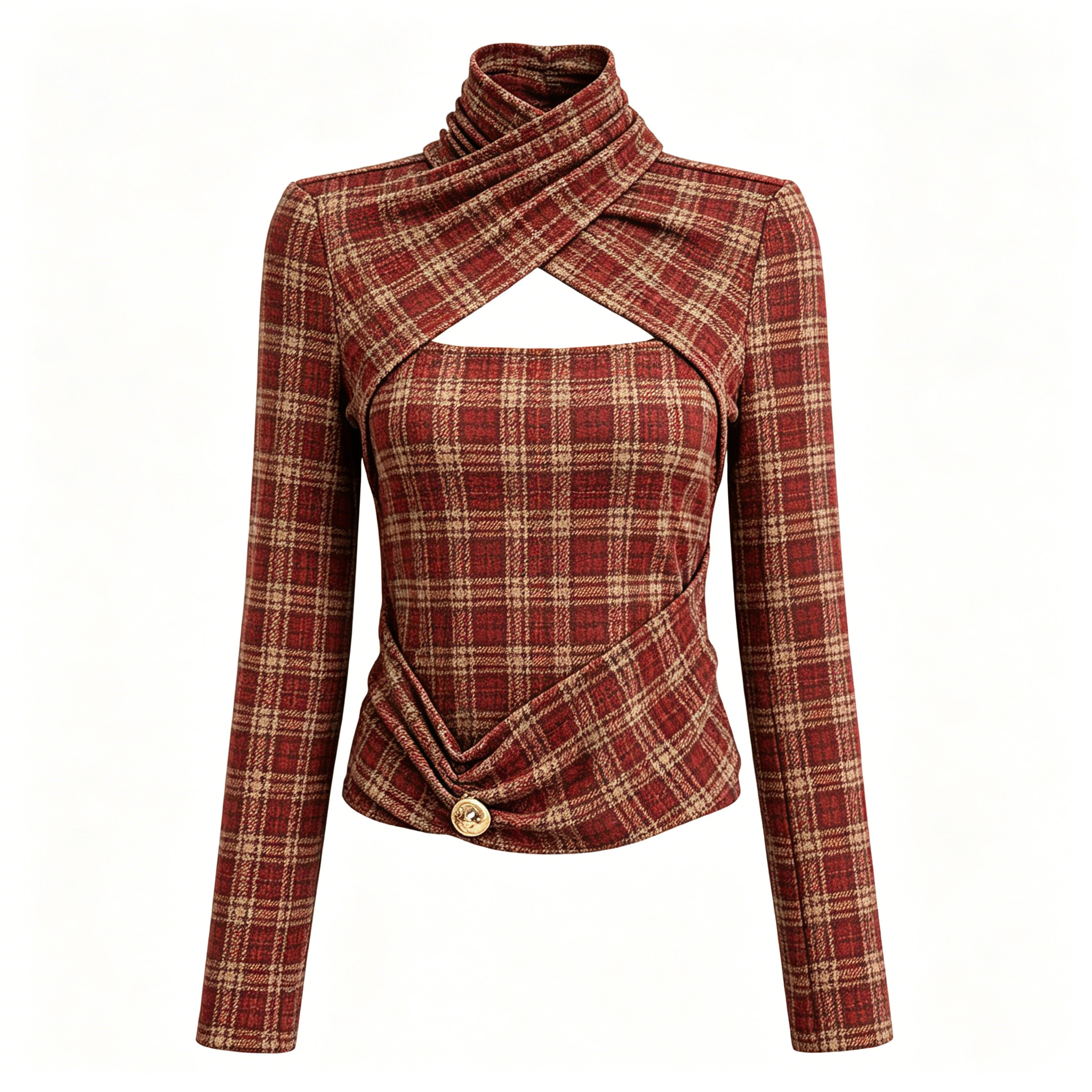 Red Plaid Wrap Cutout Turtleneck Top