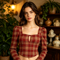 Red Plaid Square Neck Puff Sleeve Top