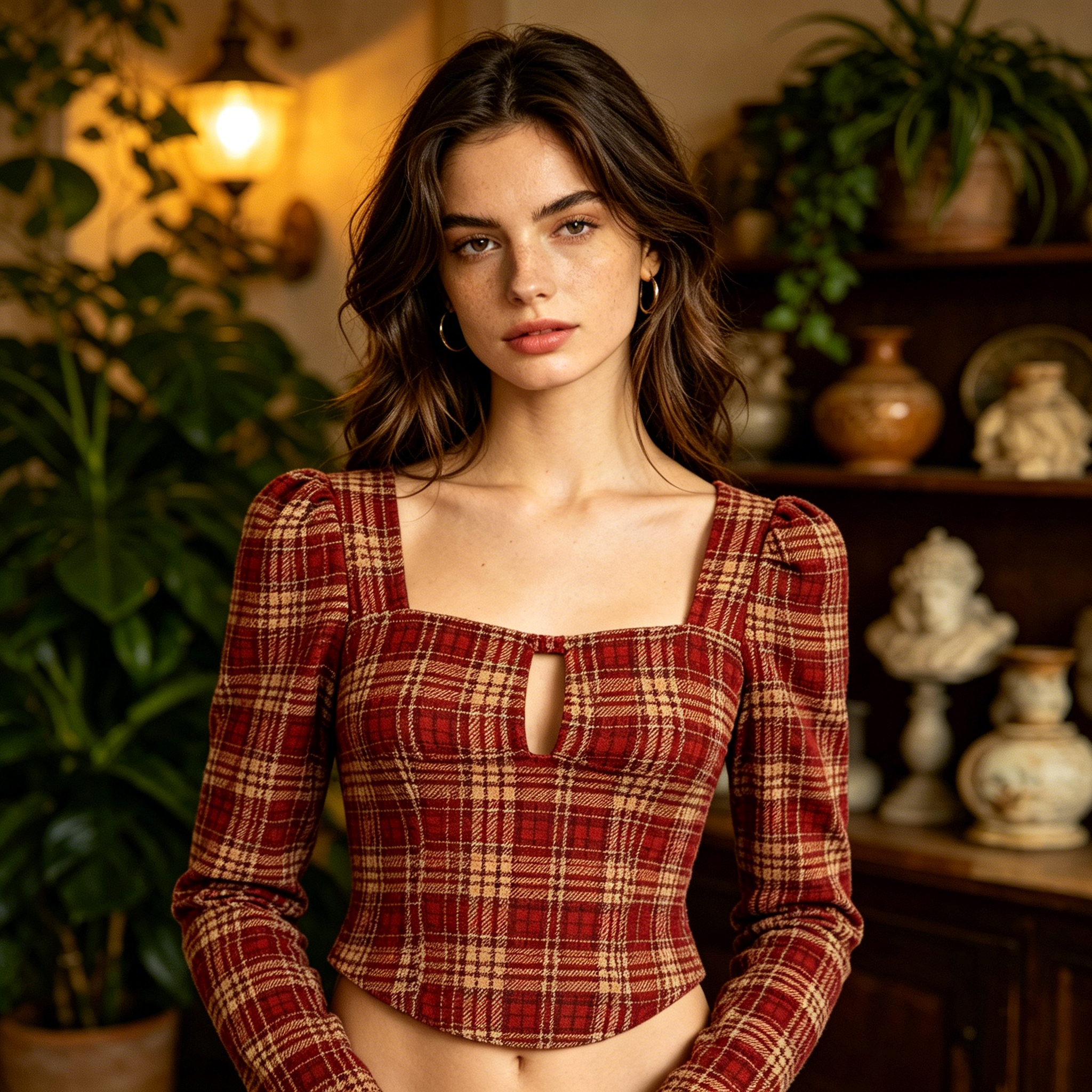 Red Plaid Square Neck Puff Sleeve Top