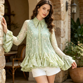 Green Floral Embroidered Sheer Blouse