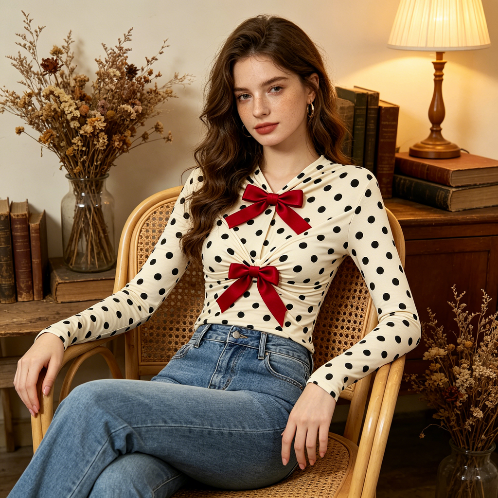 Cream Black Polka Dot Red Bow Top