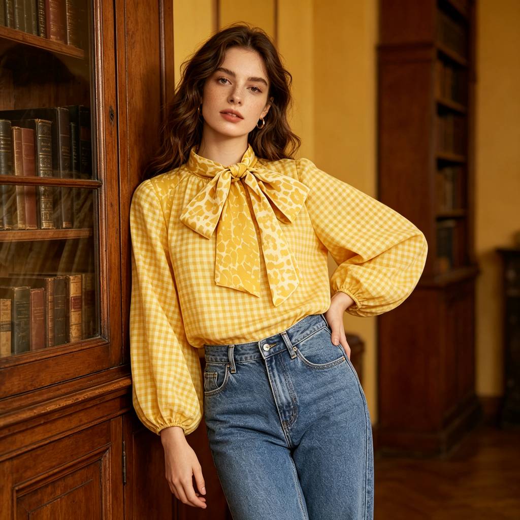 Yellow Gingham Leopard Print Bow Blouse
