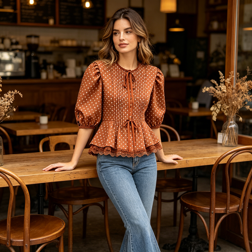 Mocha Polka Dot Puff Sleeve Top