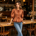 Mocha Polka Dot Puff Sleeve Top