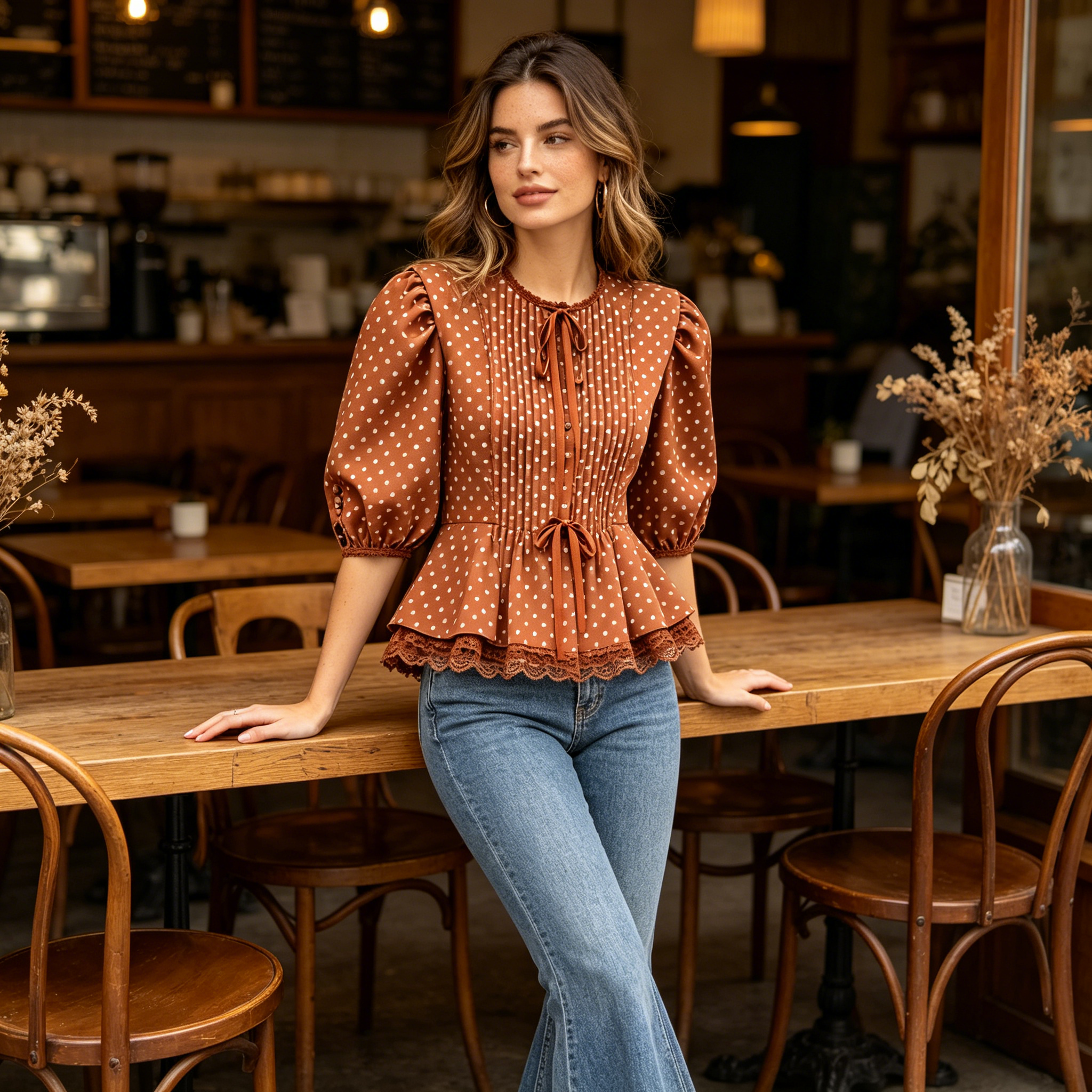 Mocha Polka Dot Puff Sleeve Top