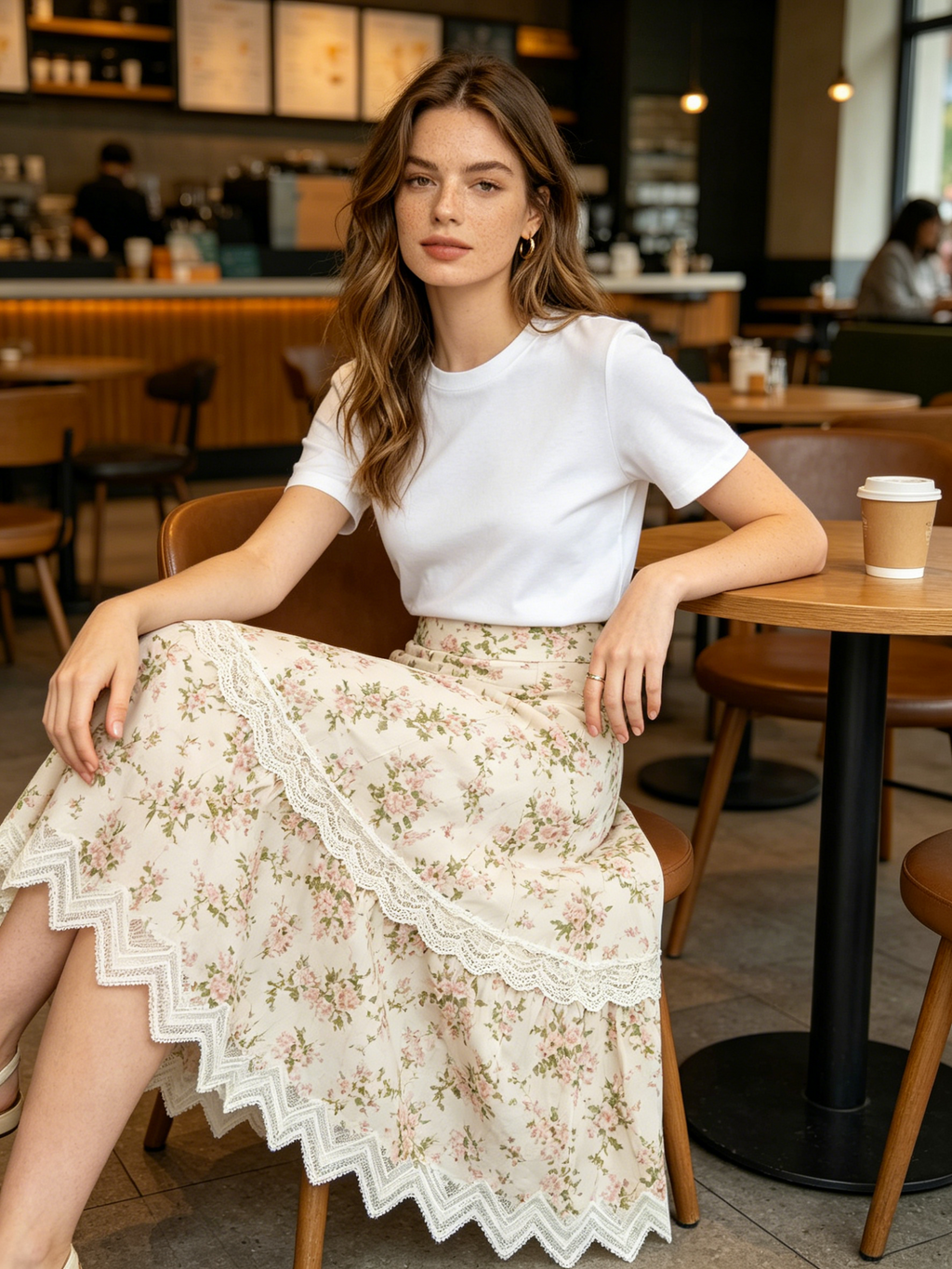 Cream Floral Lace Hem Maxi Skirt