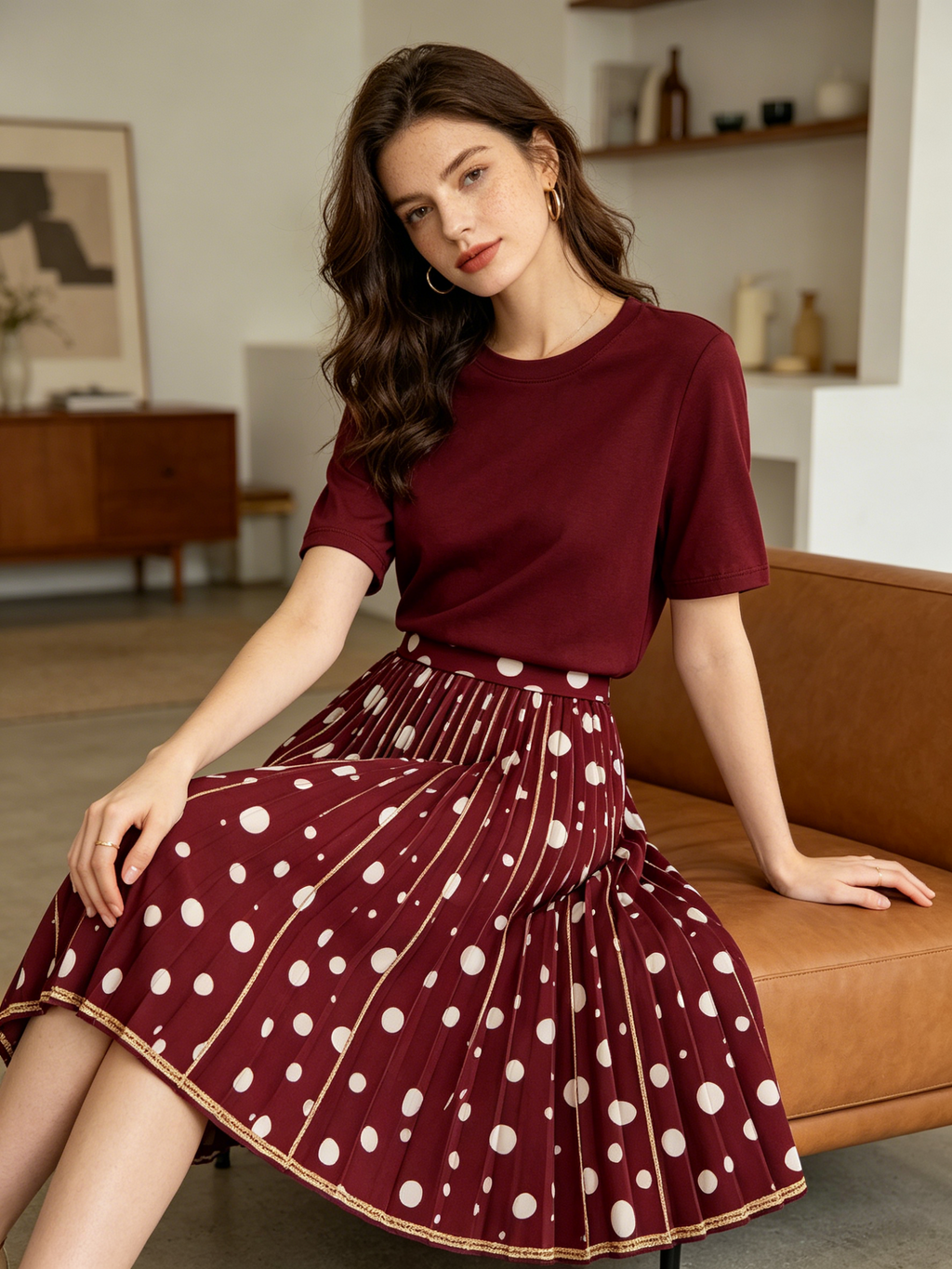 Burgundy Polka Dot Pleated Midi Skirt