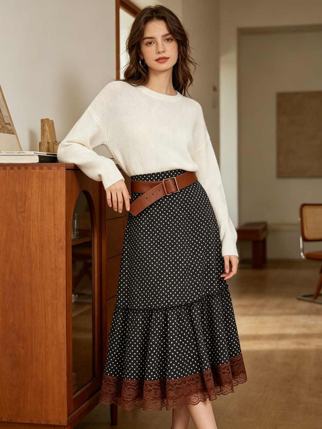 Black Polka Dot Lace Trim Midi Skirt