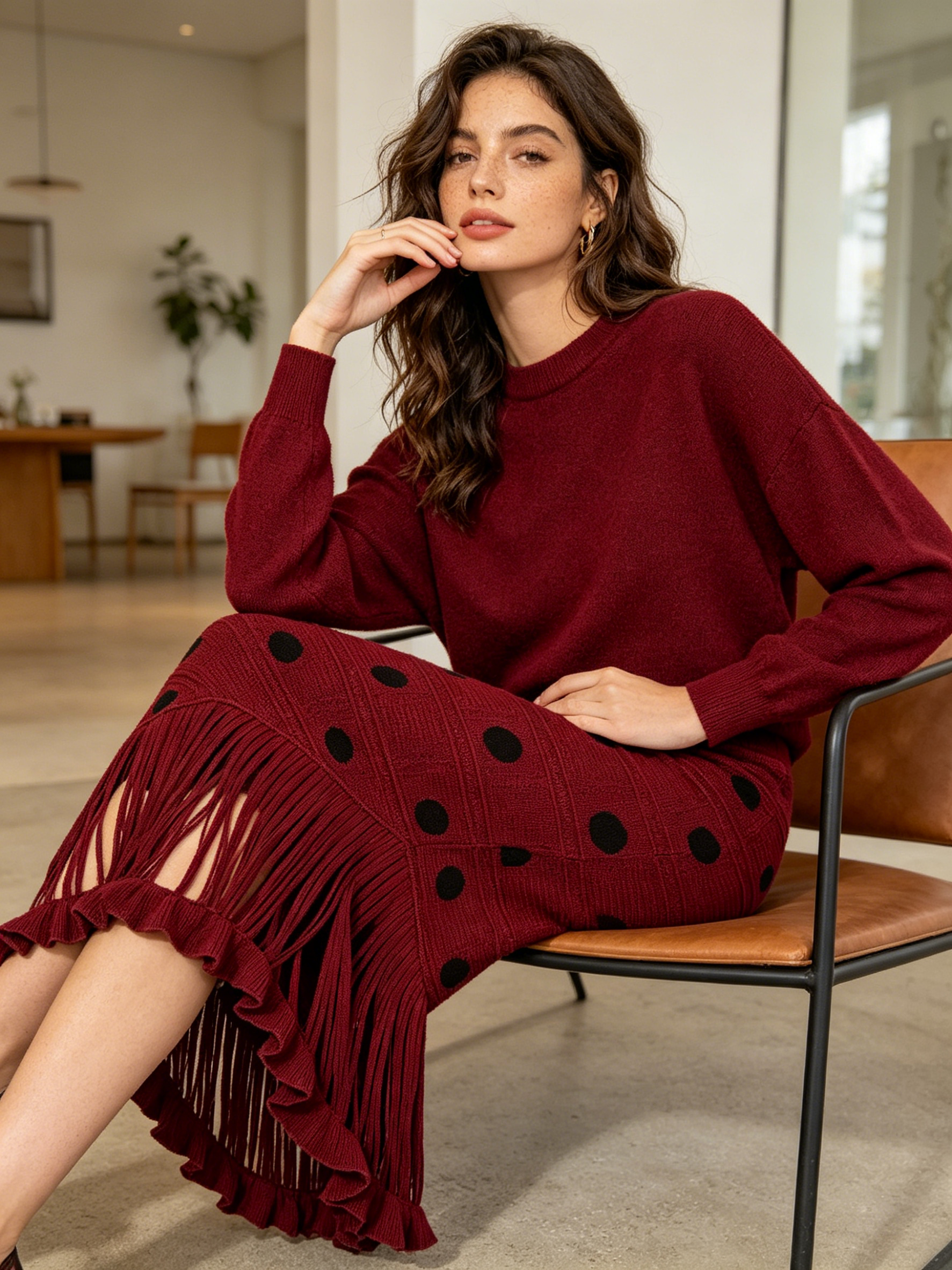 Red Knit Polka Dot Tassel Skirt