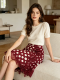 Burgundy Polka Dot Lace Trim Mini Skirt