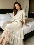 Cream Lace Bow Waist Maxi Skirt