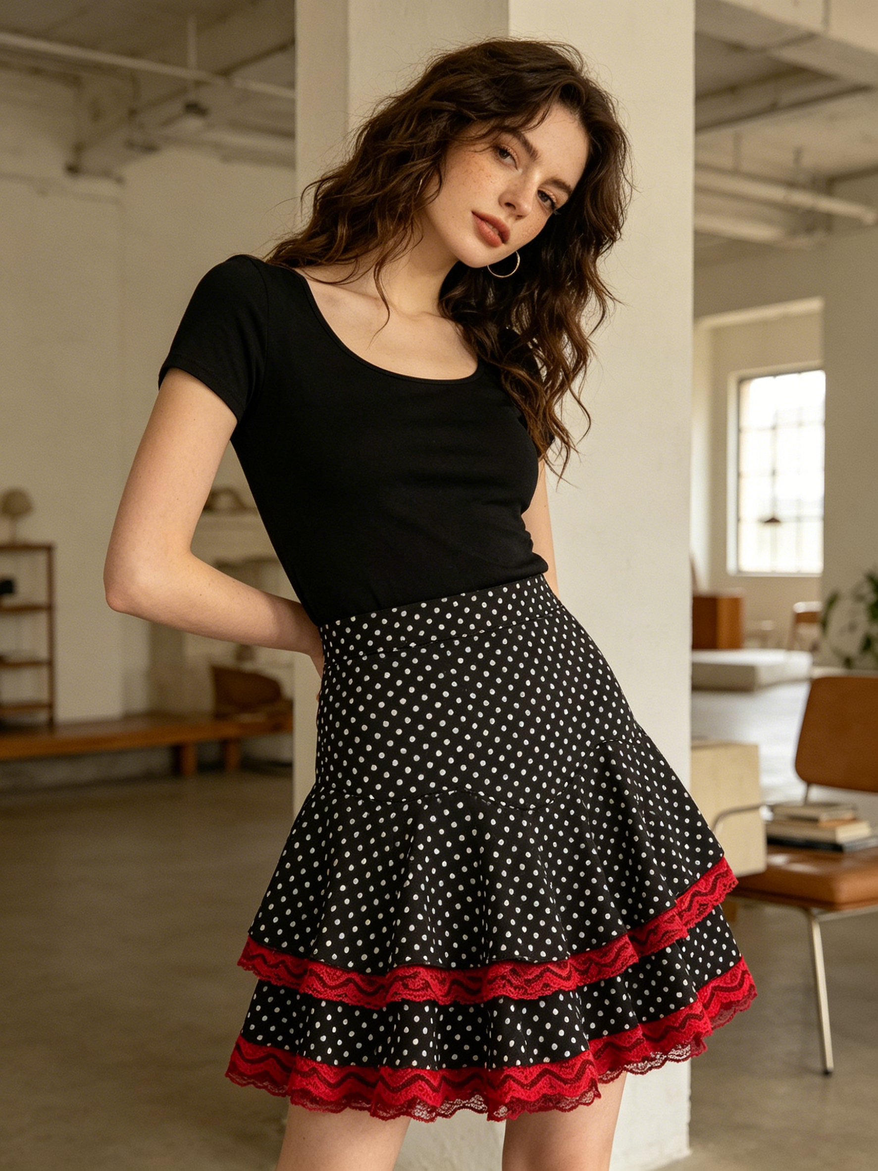 Black Red Lace Polka Dot Mini Skirt