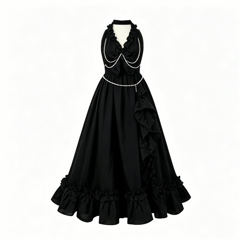 Black Pearl Halter Ruffle Ball Gown
