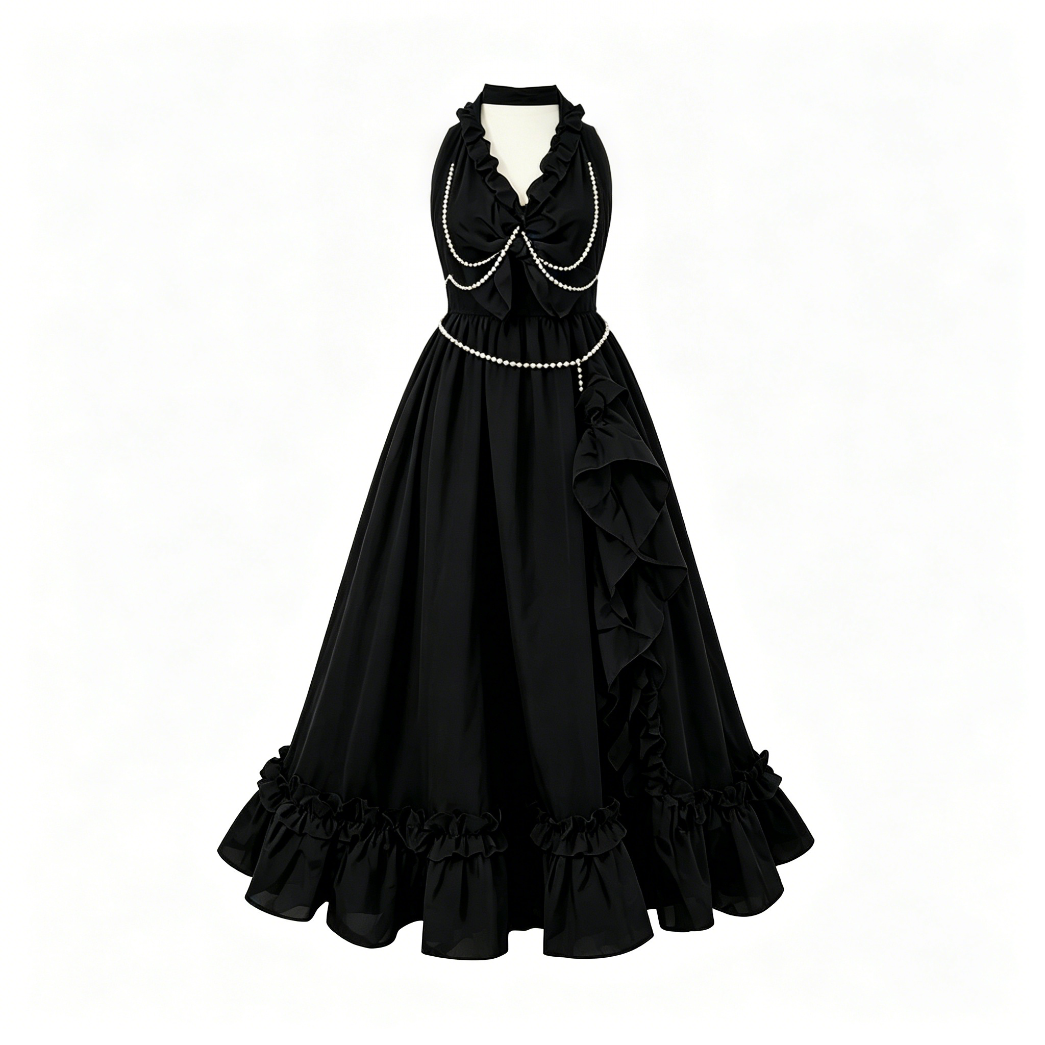 Black Pearl Halter Ruffle Ball Gown
